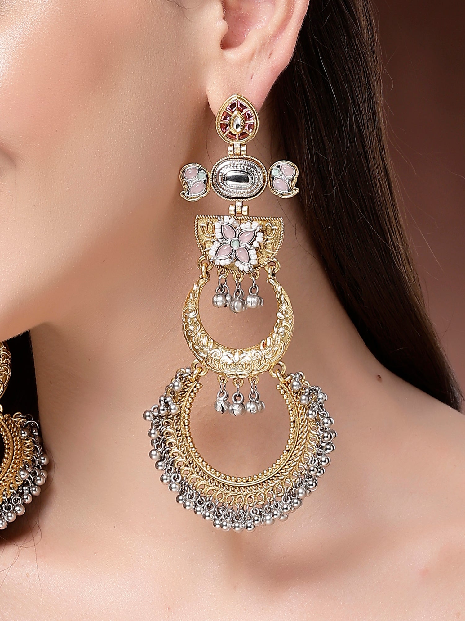Karatcart Ethnic Gold-Plated Pink Stone Dual Chand Long Dangler Earrings for Women - view 2