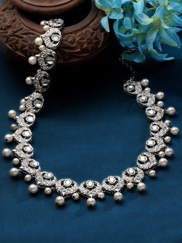 Karatcart Oxidised Silver Pearl Studded Heart Shape Kundan Kamarbandh for Women