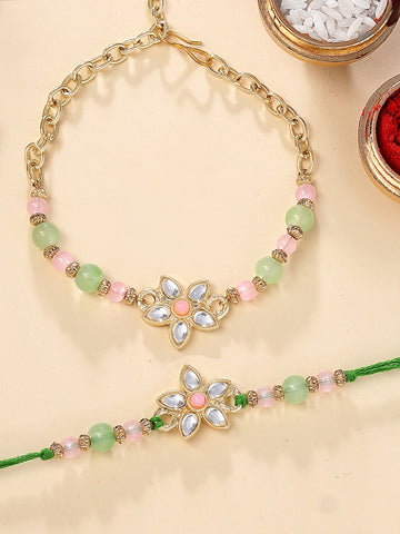 KARATCART Gold Plated Pink and Lime Green Floral Kundan Bhaiya Bhabhi Rakhi with Roli & Chawal