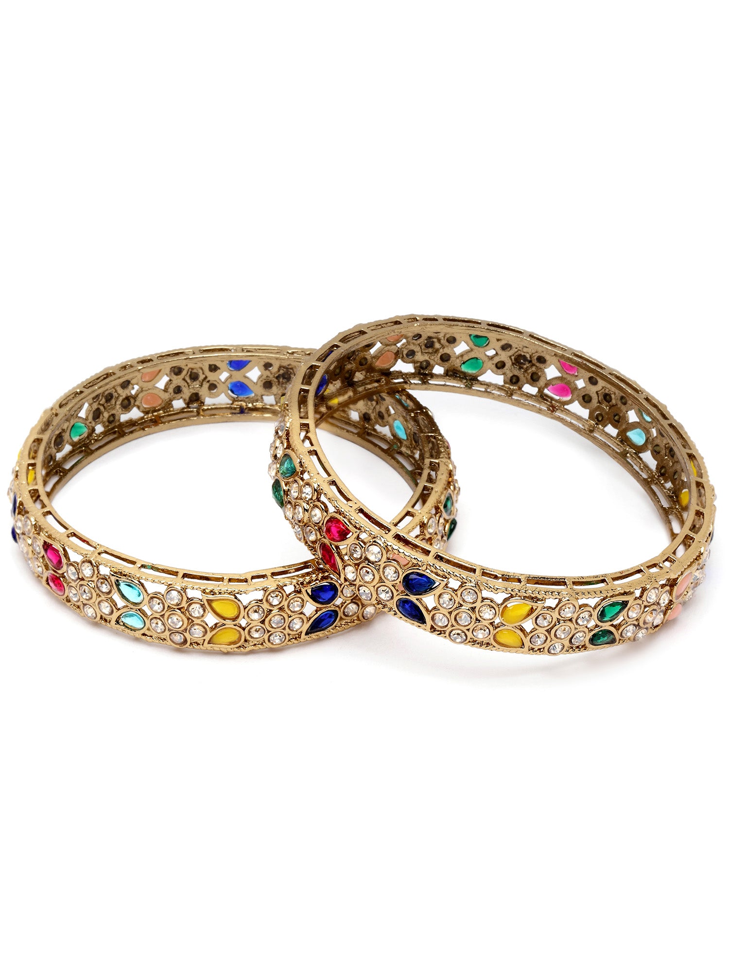 Karatcart Antique Gold Plated Floral Design Multicolor Kundan Studded Bangles for Women - view 3