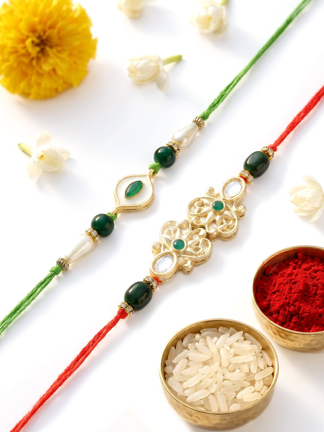 KARATCART Set of 2 Green Meena Evil Eye Handmade Kundan Rakhi for Brother with Roli & Chawal