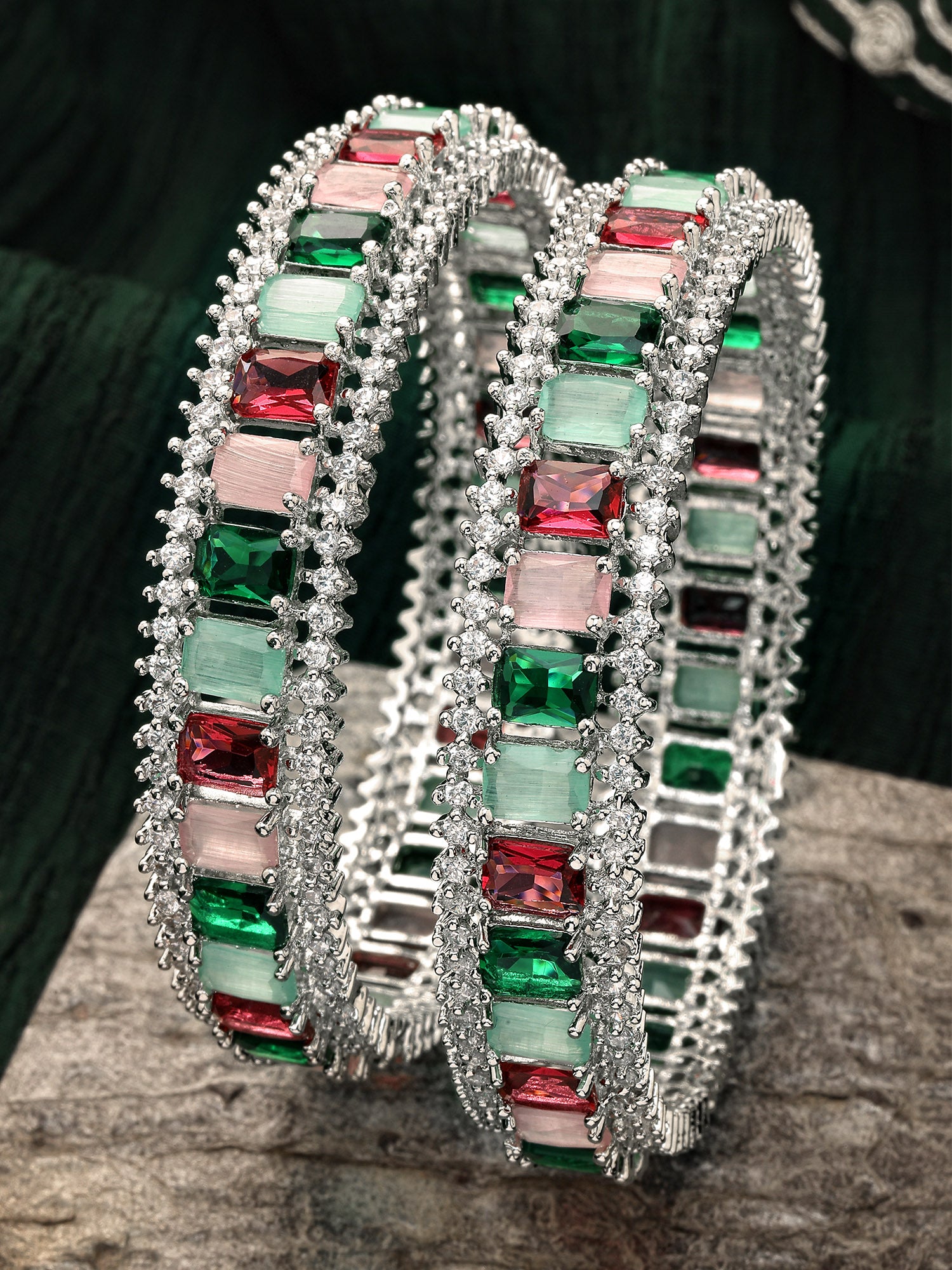 Karatcart Set of 2 Silver Plated Multicolor Stone American Diamond Bangles for Women