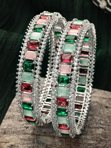 Karatcart Set of 2 Silver Plated Multicolor Stone American Diamond Bangles for Women
