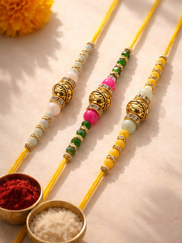 KARATCART Set of 3 Multicolor Beaded Designer Rakhi for Brother with Roli & Chawal