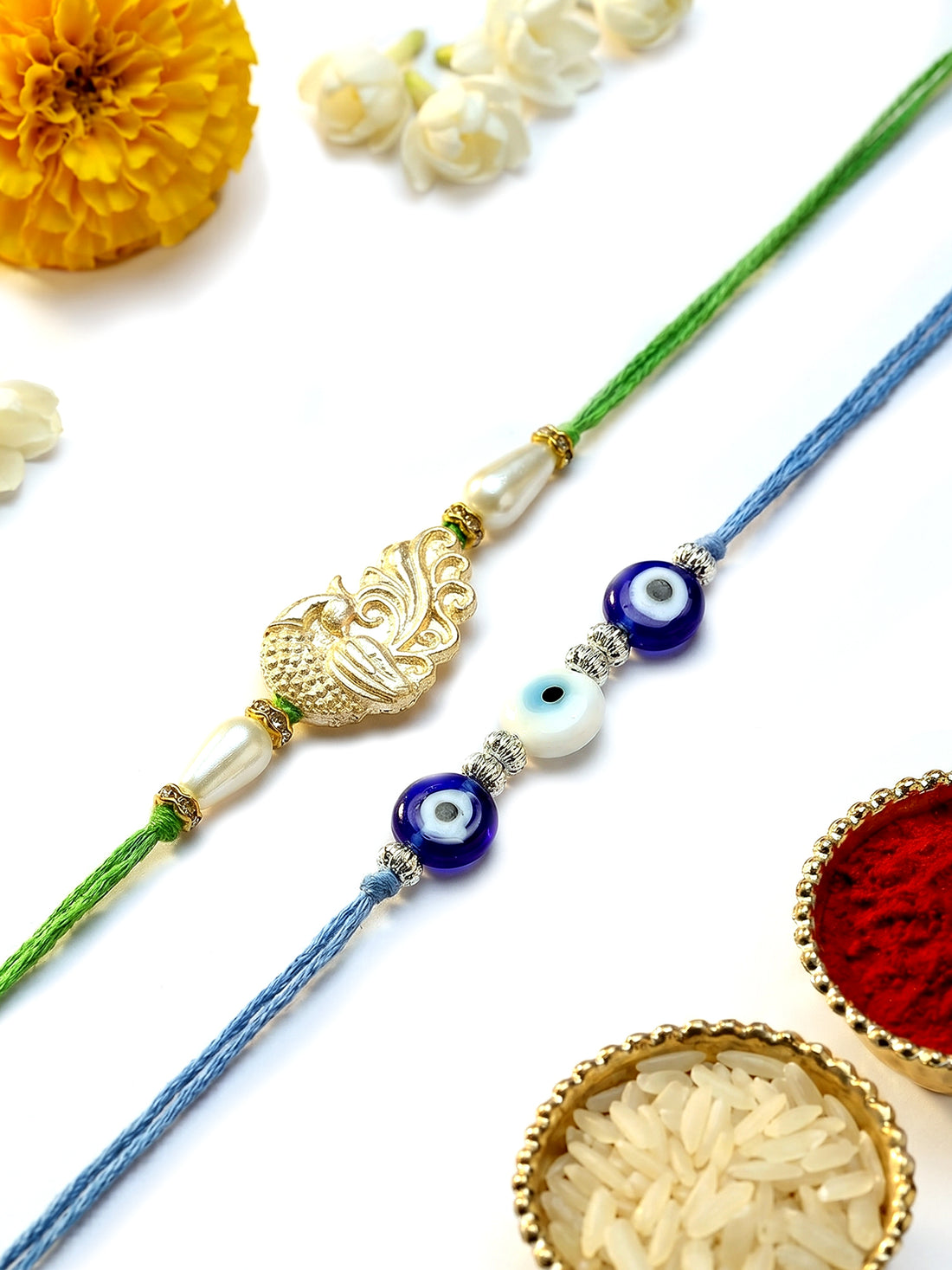 KARATCART Set of 2 Evil Eye and Golden Peacock Kundan Handmade Rakhi for Brother with Roli & Chawal