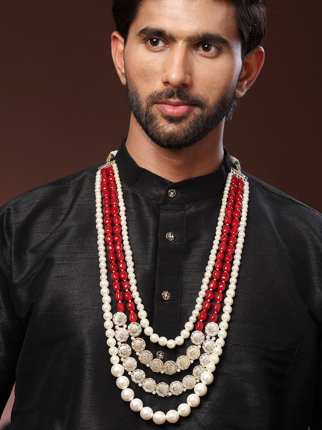 Karatcart Red and White Pearl Kundan Maharaja Haar for Men