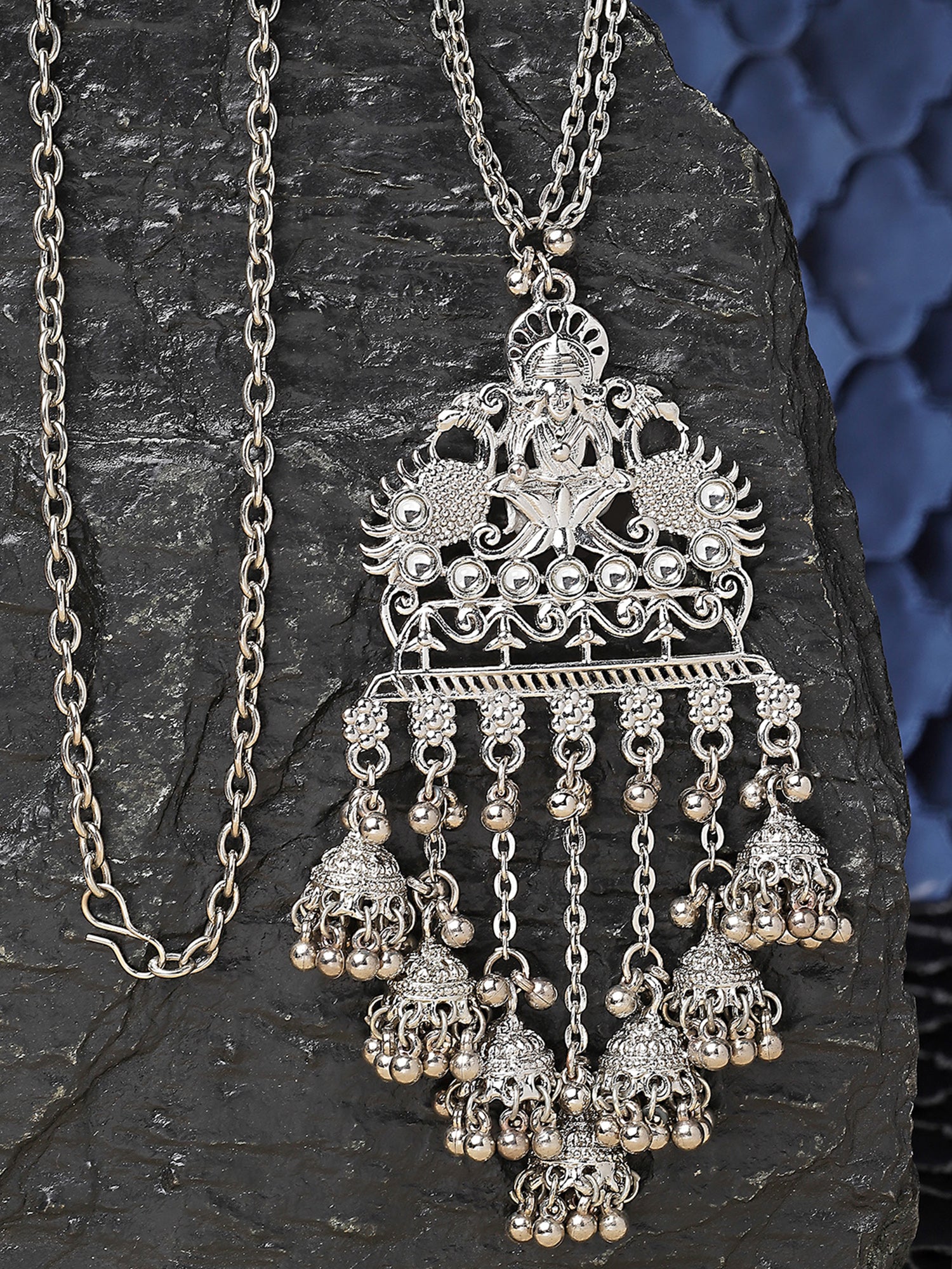 Karatcart Laxmi Mata Oxidised Silver Long Necklace Set for Women