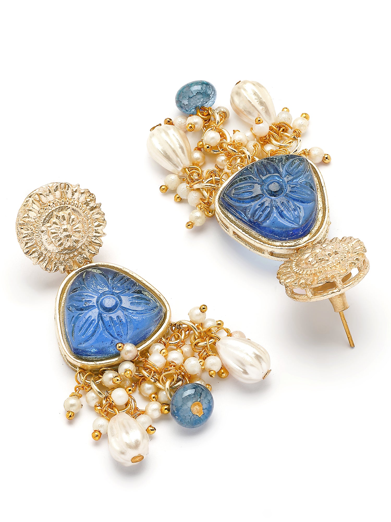 KARATCART Traditional Gold-Plated Blue Carved Stone Kundan Choker Necklace Set for Women - view 7