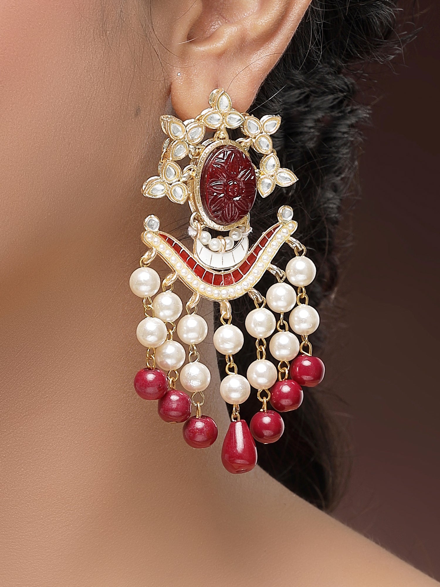 KARATCART Elegant Gold-Plated Red Carved Stone and Pearl Studded Kundan Dangler Earrings for Women - view 3