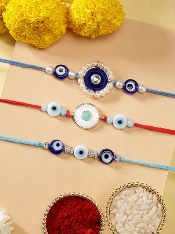KARATCART Set of 3 Handmade Blue Meenakari Evil Eye Kundan Rakhis for Brother with Roli and Chawal