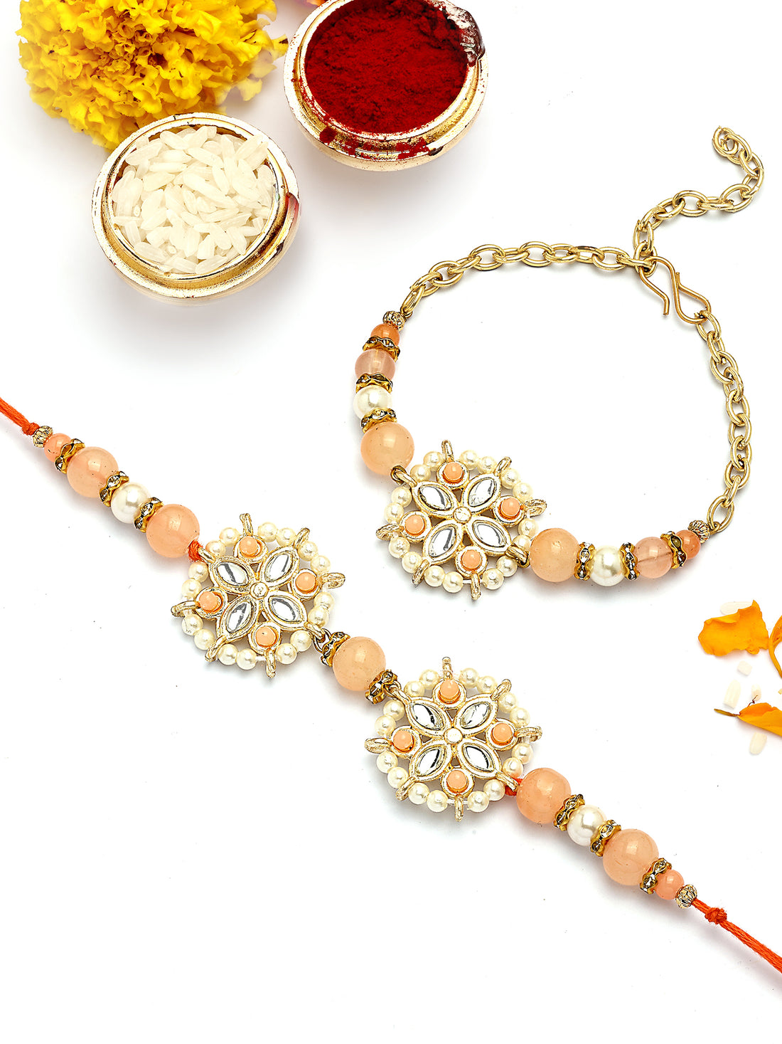 KARATCART Gold Plated Peach Beads Floral Kundan Bhaiya Bhabhi Rakhi with Roli & Chawal
