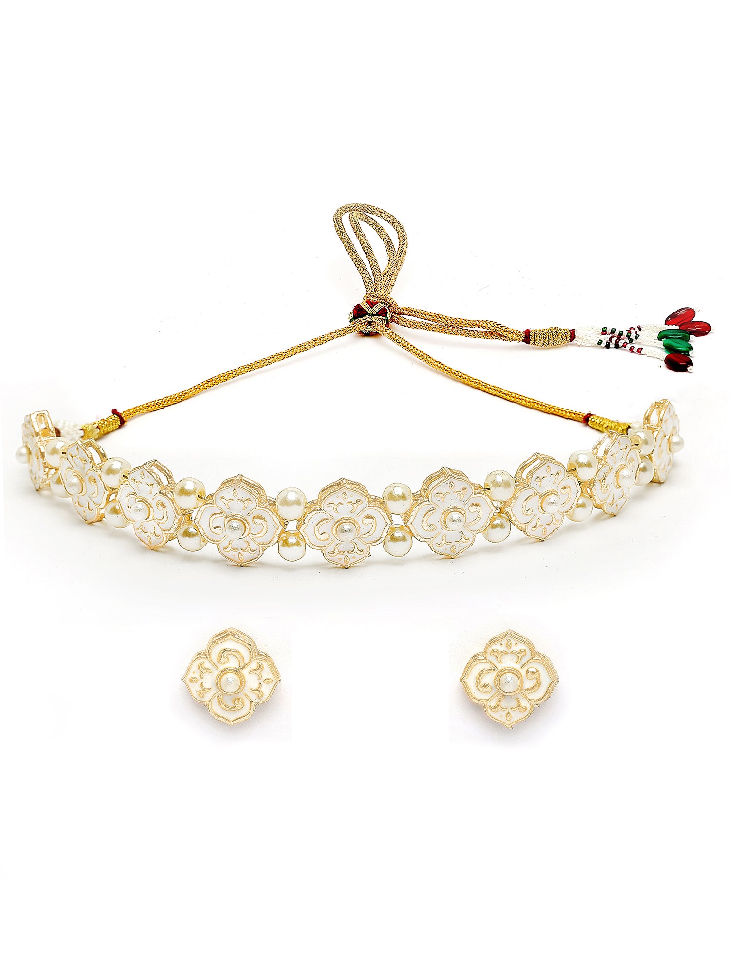 Karatcart Gold Plated White Enamel Pearl Choker Necklace Set for Women