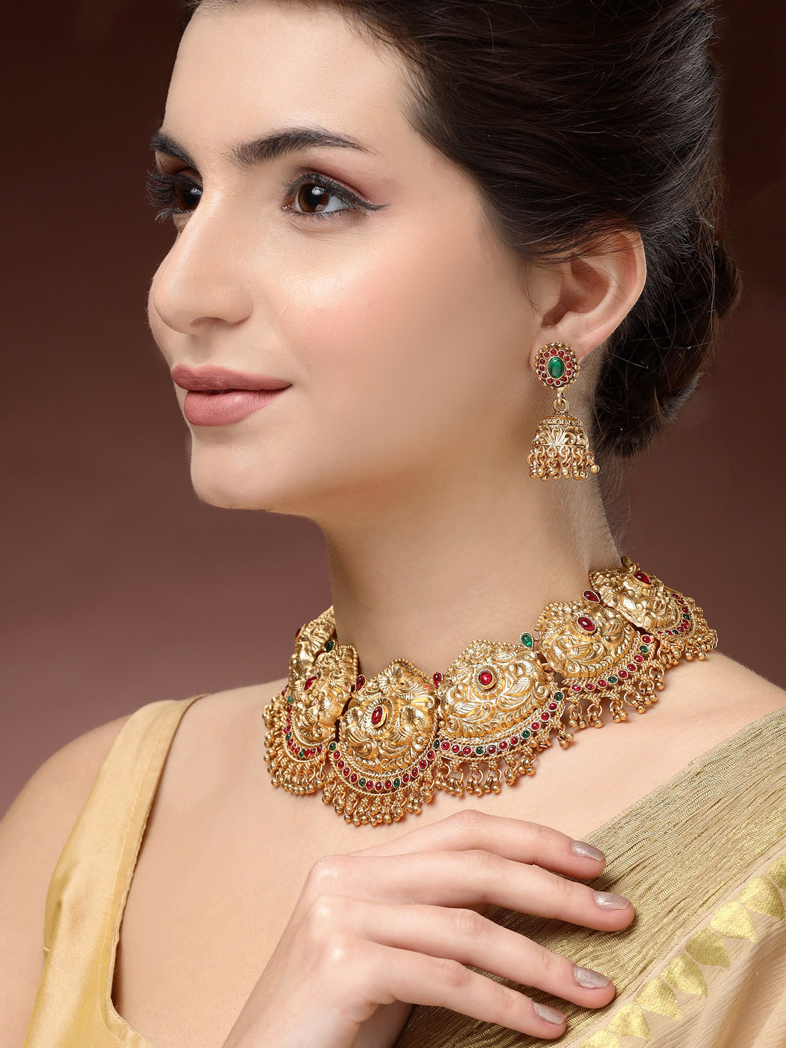 Karatcart Gold Plated Peacock Design Red and Green Temple Jewellery Set for Women