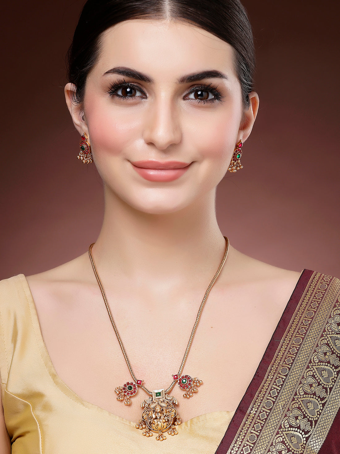 Karatcart Traditional Gold Plated Laxmi Mata Long Pendant Set for Women