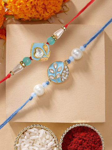 KARATCART Set of 2 Blue Meena Floral Handmade Kundan Rakhi for Brother with Roli & Chawal