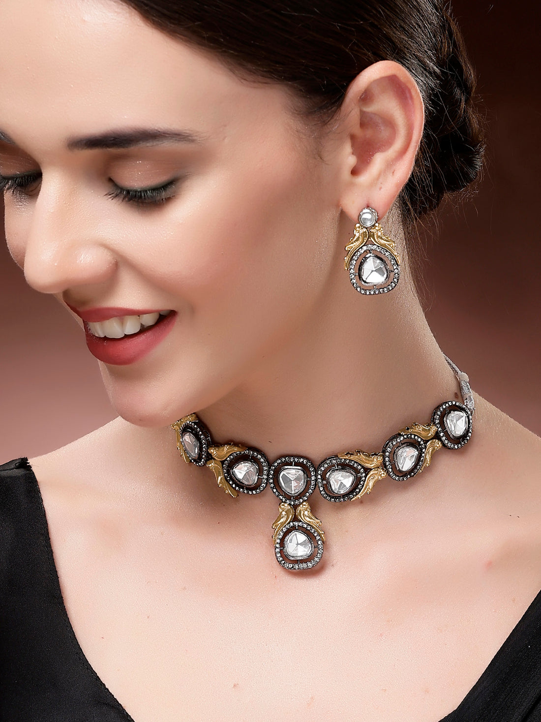 Karatcart Gold Plated Peacock Studded Black Polki Kundan Choker Necklace Set for Women