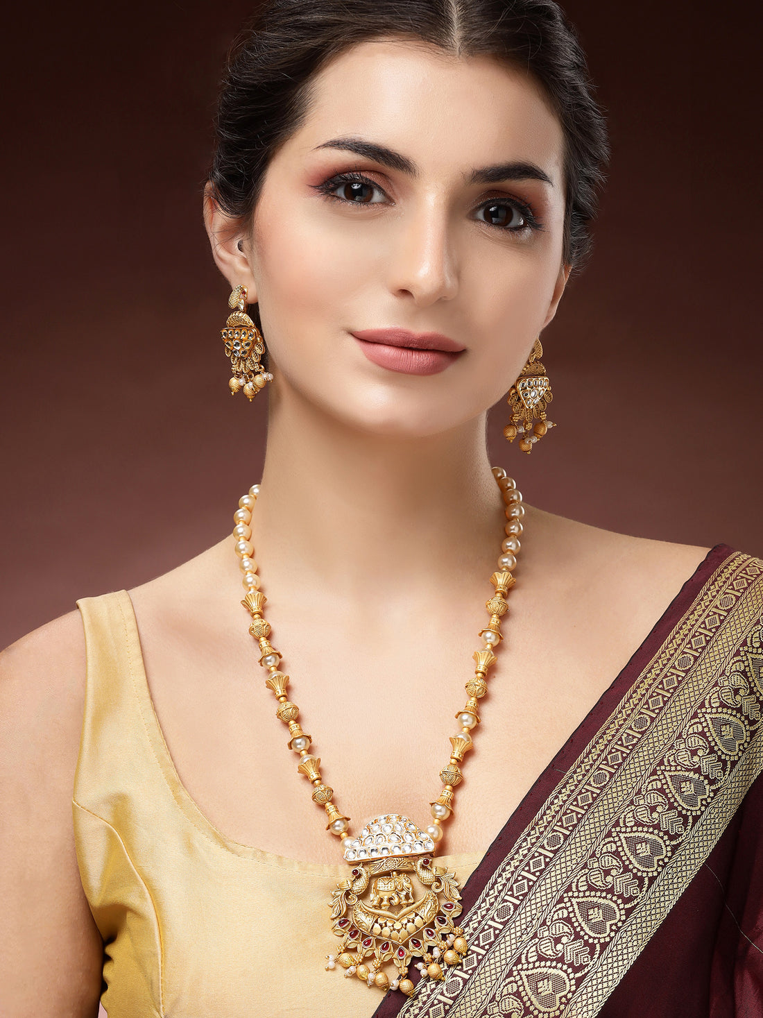Karatcart Gold Plated Elephant Design Rani Haar Temple Necklace Set for Women