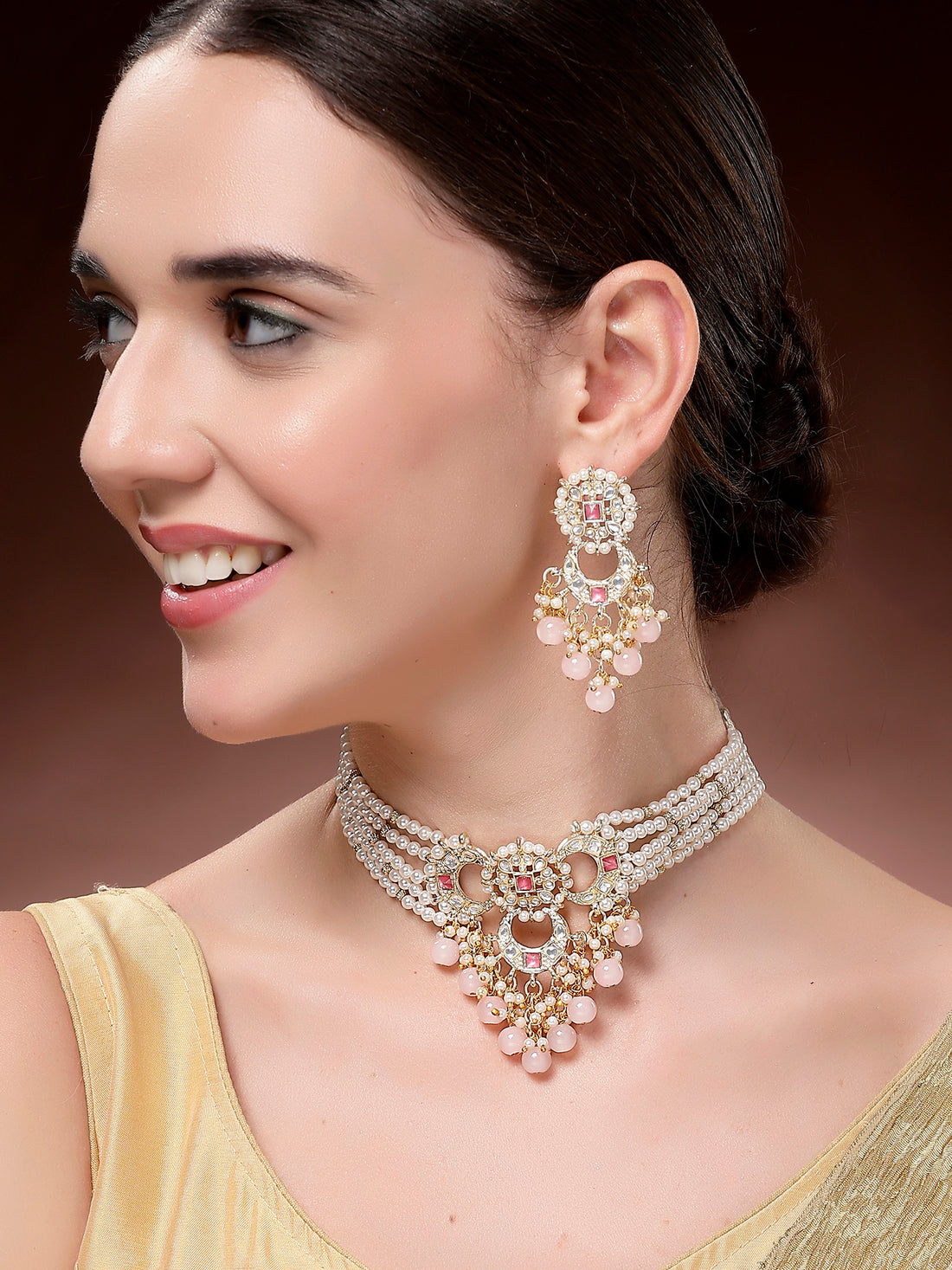 Karatcart Gold Plated Pink Beads Kundan Choker Necklace Set for Women