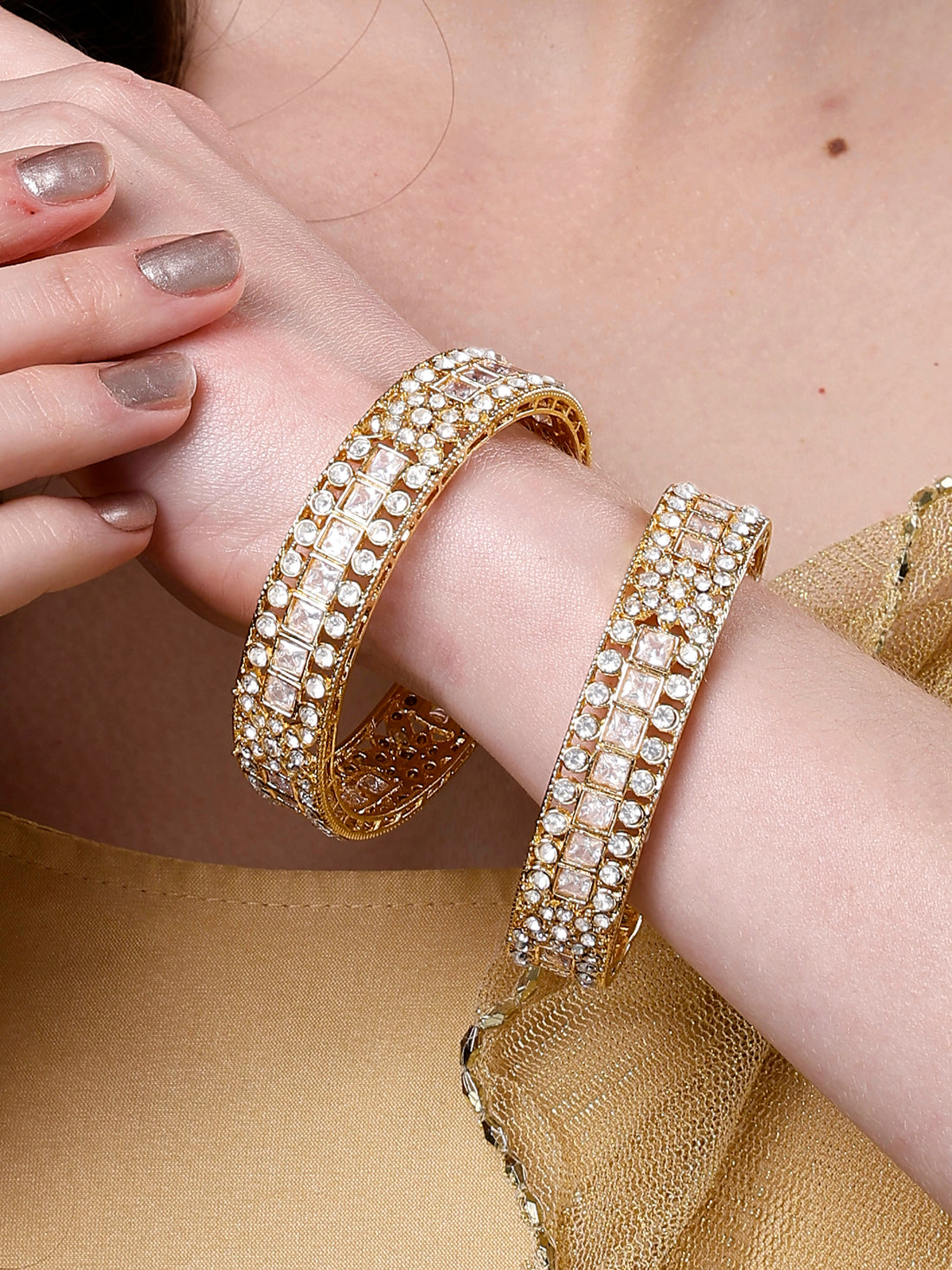 Karatcart Set of 2 Floral Design American Diamond Studded Gold Plated Bangles for Women
