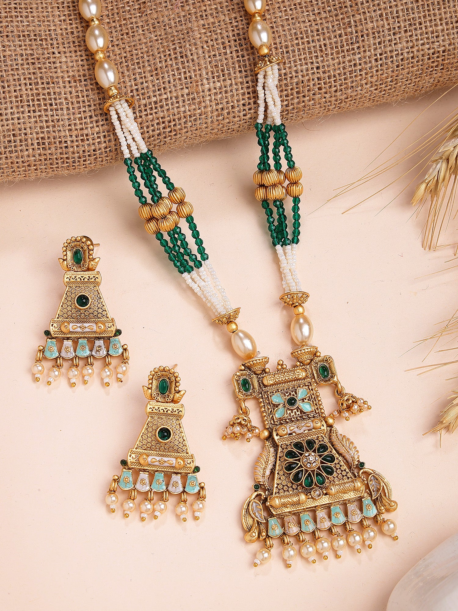 Karatcart Gold-Plated Green Floral Enamel Rani Haar Necklace Set for Women