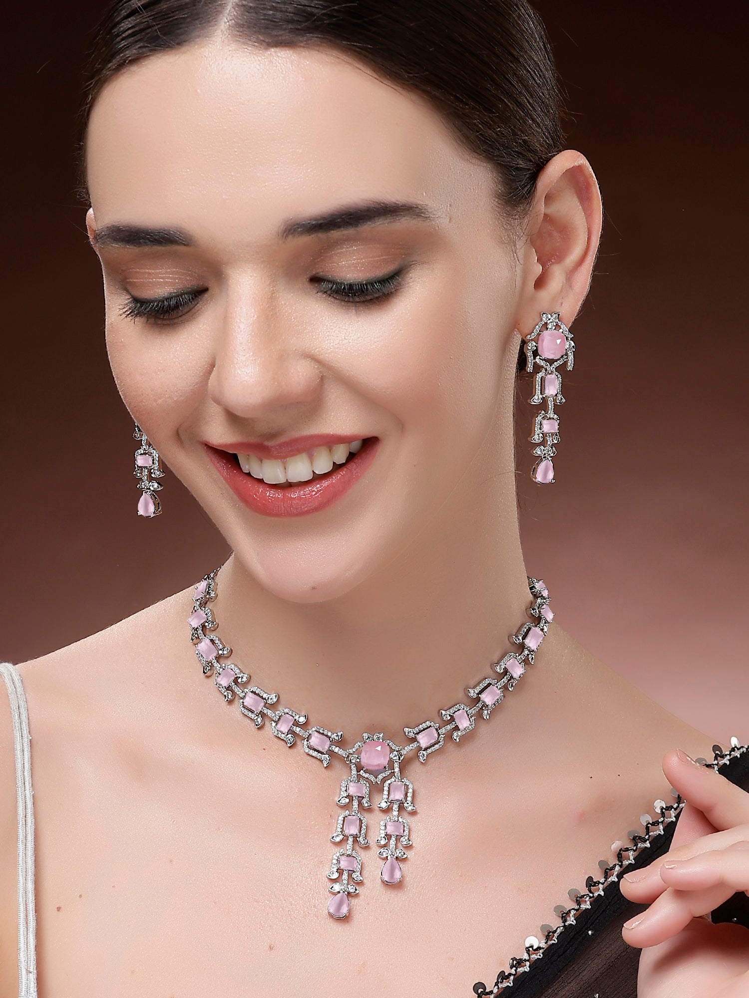 Karatcart Pink Traditional American Diamond Necklace Set for Women - view 2