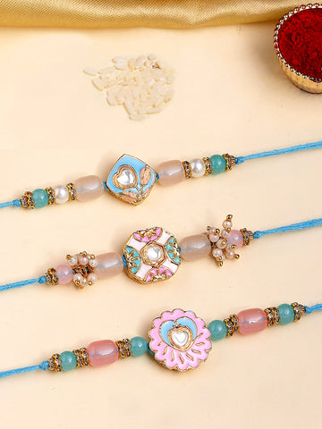 KARATCART Set of 3 Pink and Blue Enamel Kundan Rakhi for Brother with Roli & Chawal