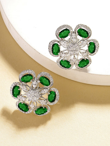 Karatcart Elegant Floral Design Green American Diamond Stud Earrings for Women