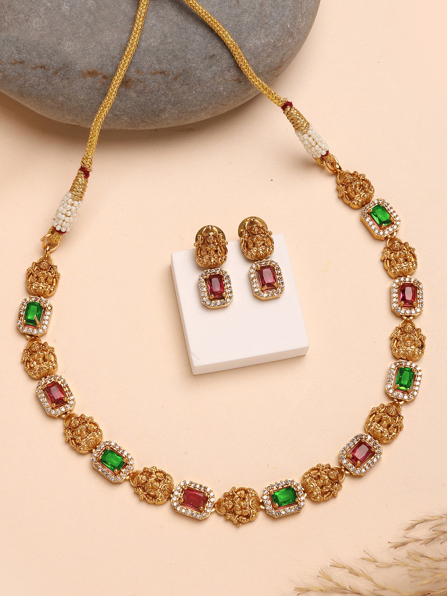 Karatcart Karatcart Traditional Red and Green American Diamond Temple Jewellery Set for Women - Image 1