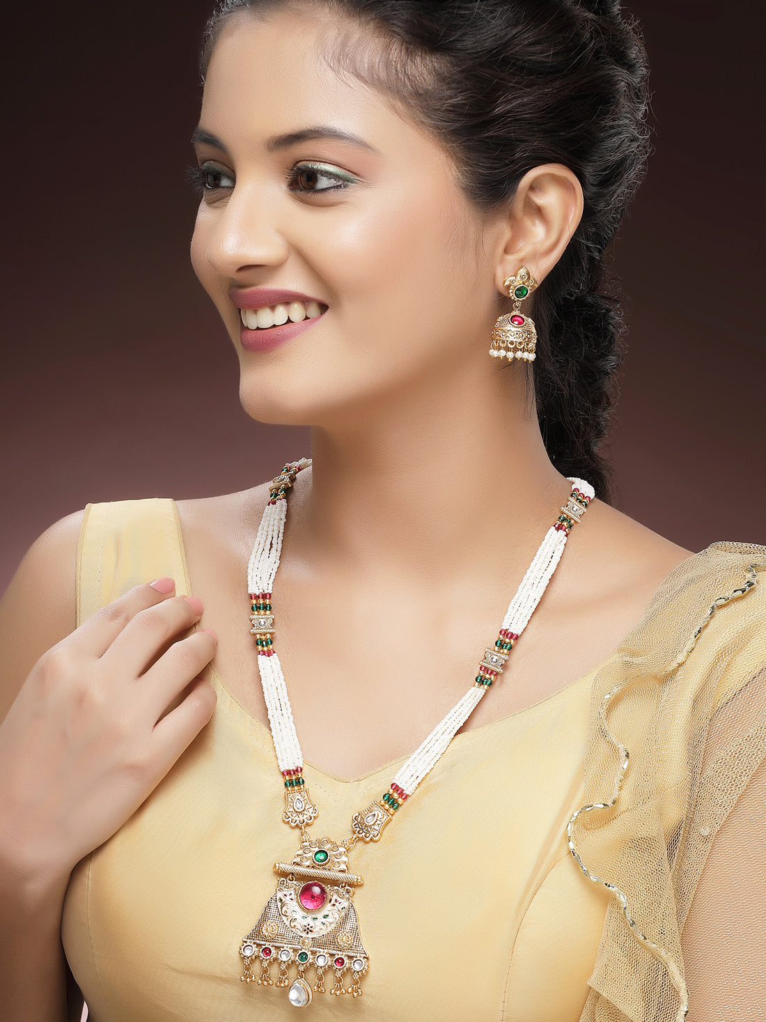 KARATCART Designer Gold-Plated Red Kundan Rani Haar Necklace Set for Women