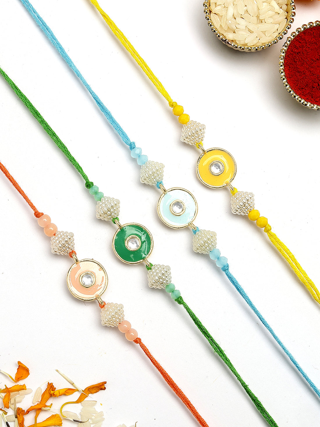 KARATCART Set of 4 Handmade Enamel Evil Eye Kundan Rakhis for Brother with Roli and Chawal