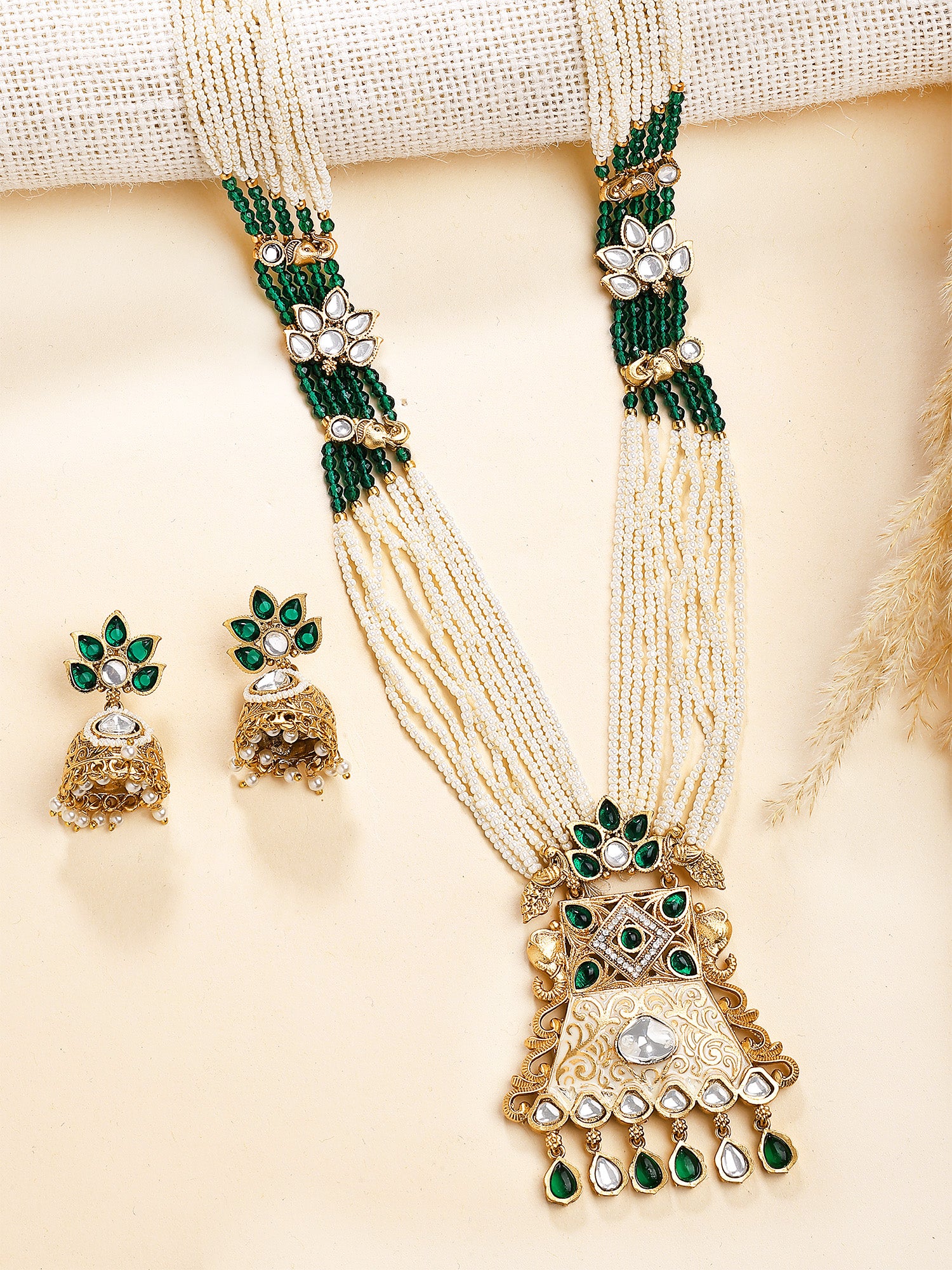 KARATCART Designer Gold-Plated Green Kundan and Meenakari Rani Haar Necklace Set for Women
