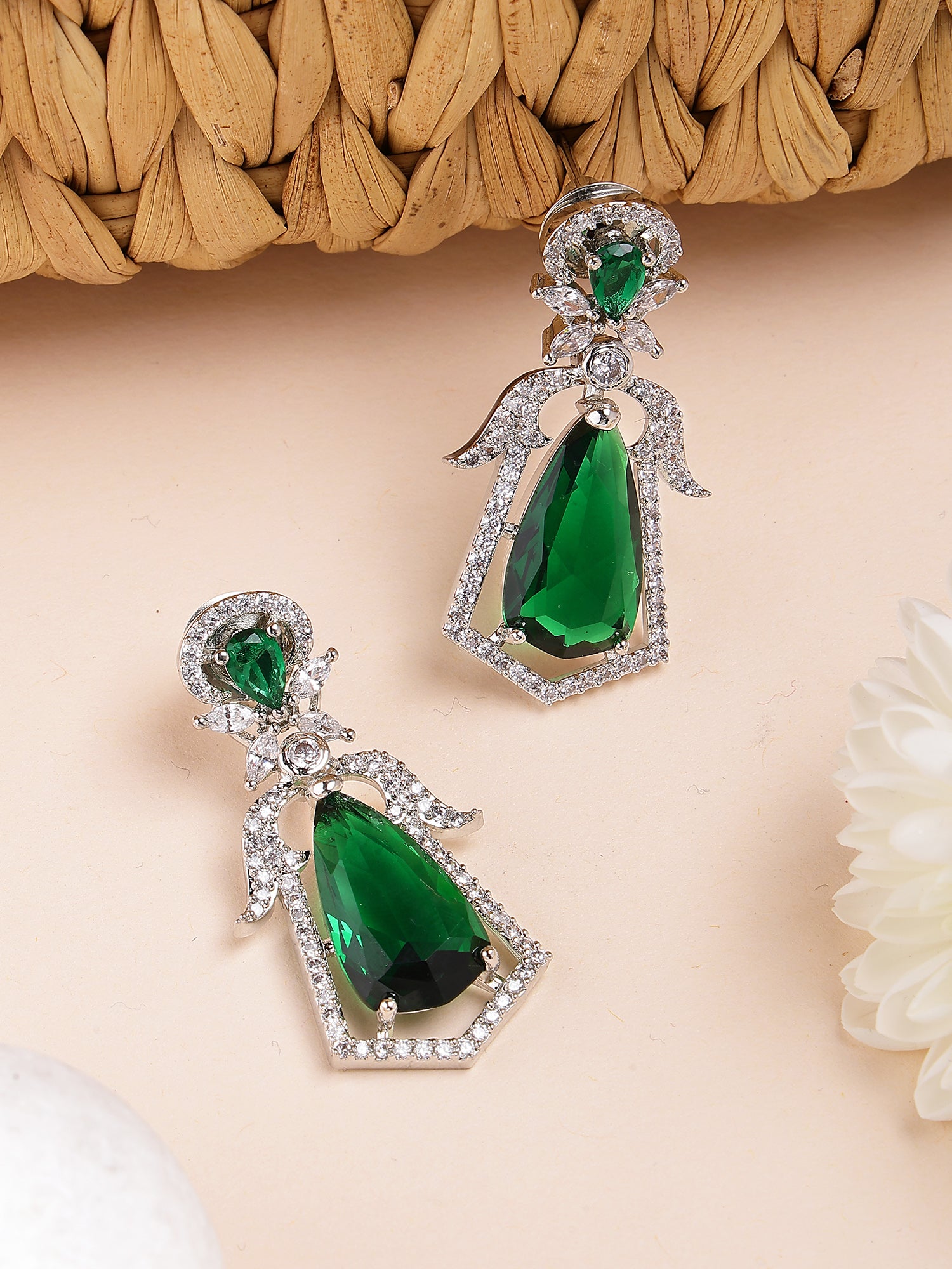 Karatcart Elegant Silver-Plated Angelic Drop Design Green American Diamond Drop Earrings for Women