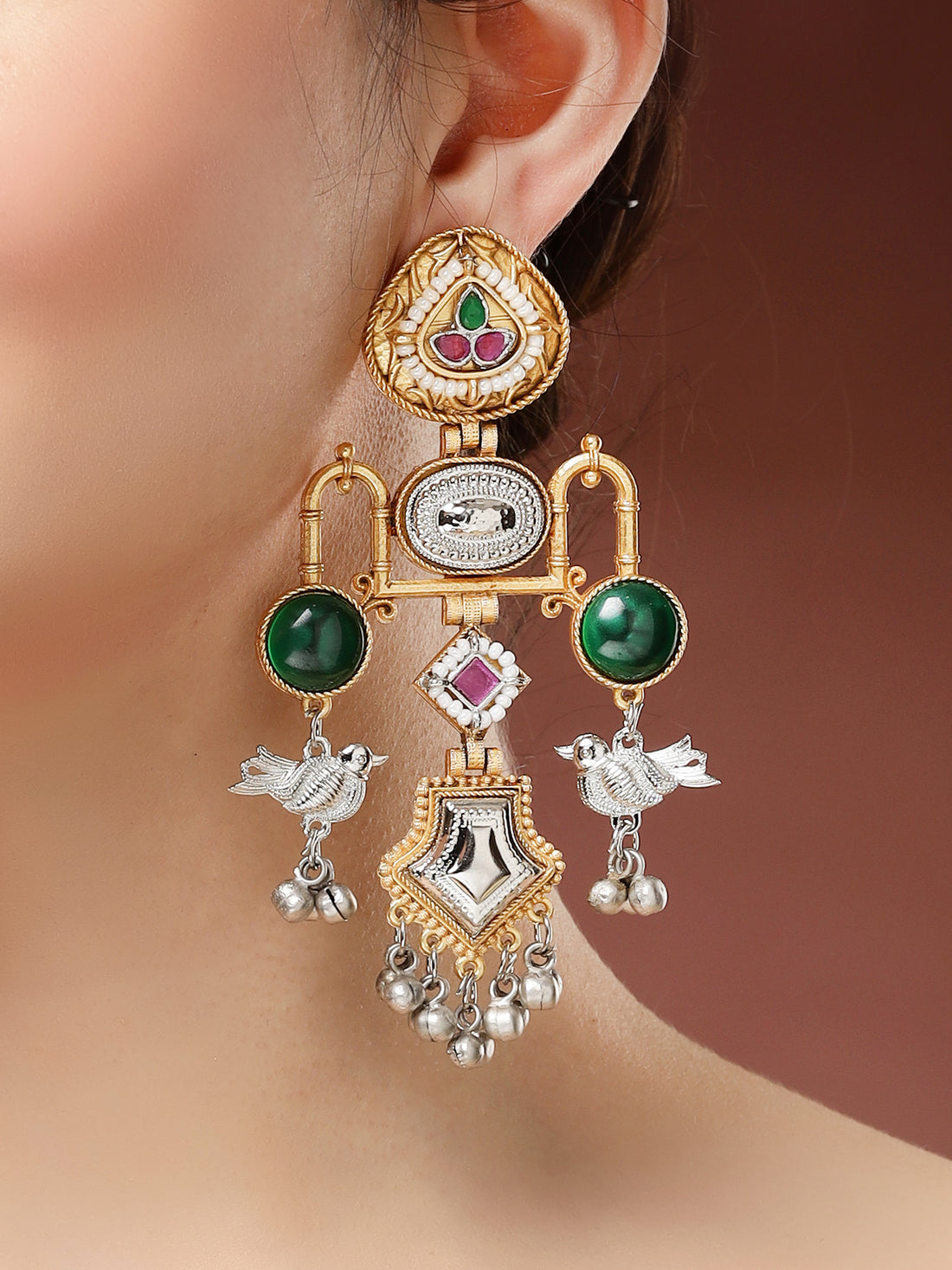 Karatcart Ethnic Gold and Silver Plated Green Stone Dual-Tone Bird Motif Dangler Earrings for Women