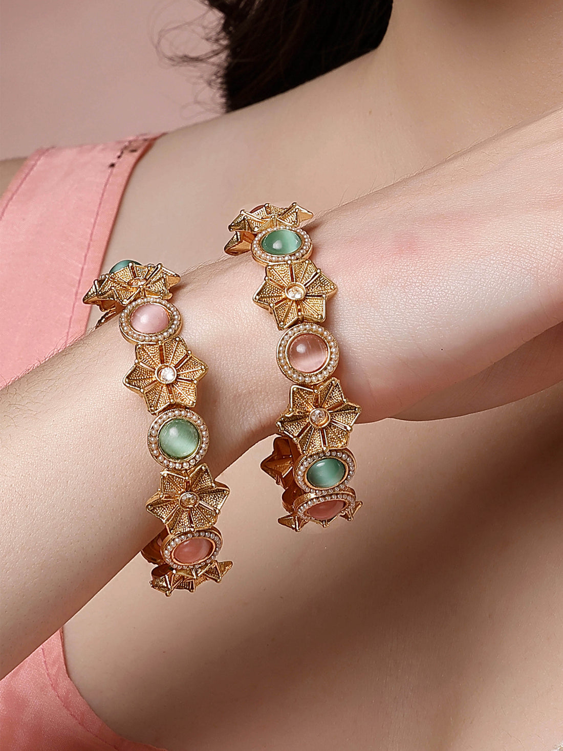 Karatcart Set of 2 Gold Plated Pink and Lime Green Stone Studded Floral Bangles for Women