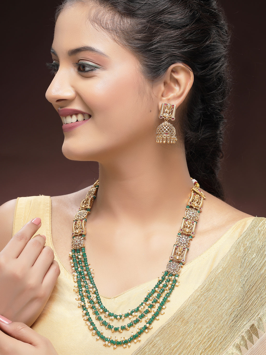 KARATCART Gold Plated Green Crystal Multilayer Laxmi Mata Rani Haar Temple Jewellery Set