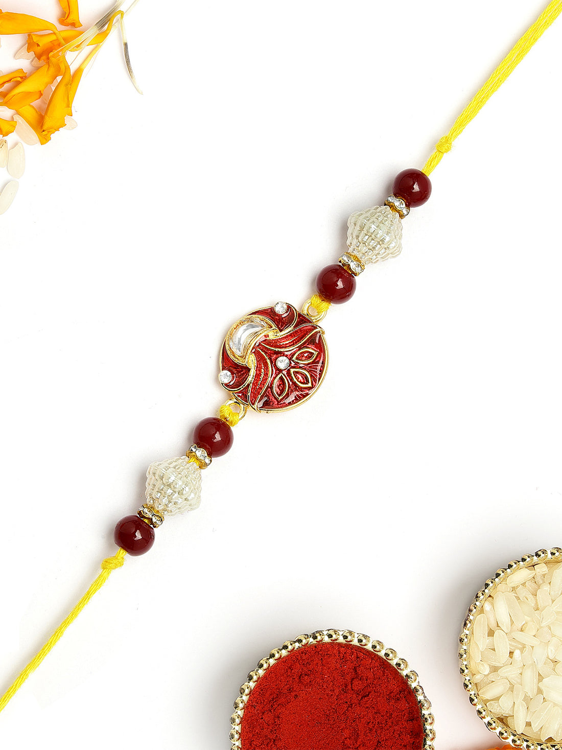 KARATCART Elegant Flower Pot Design Red Meena Handmade Rakhi for Brother with Roli Chawal