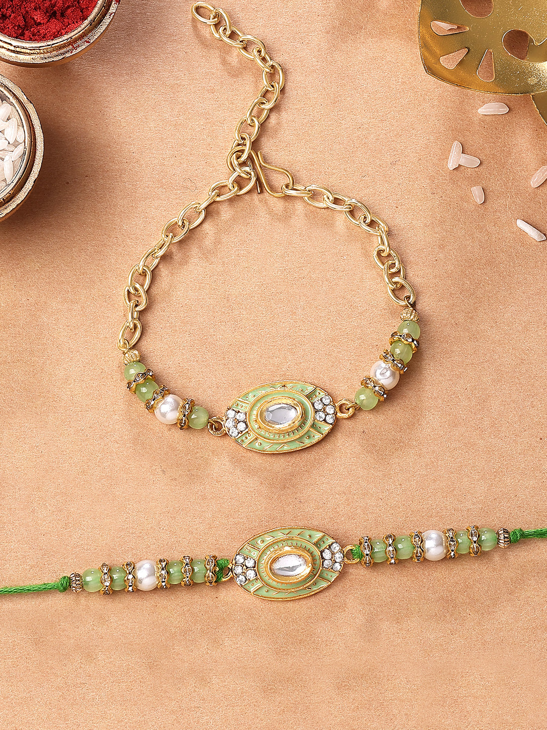 Karatcart Gold Plated Lime Green Enamel Kundan Bhiya Bhabhi Rakhi with Roli & Chawal