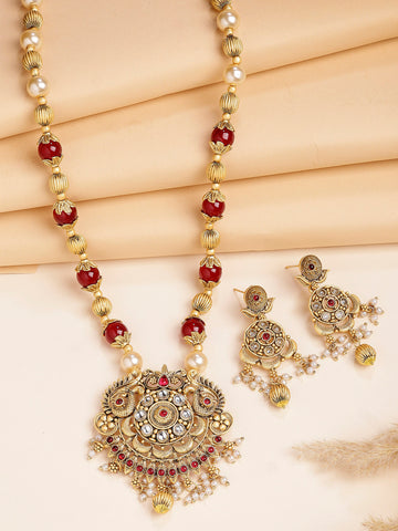 Karatcart Gold Plated Red Beads Kundan Rani Haar Necklace Set for Women