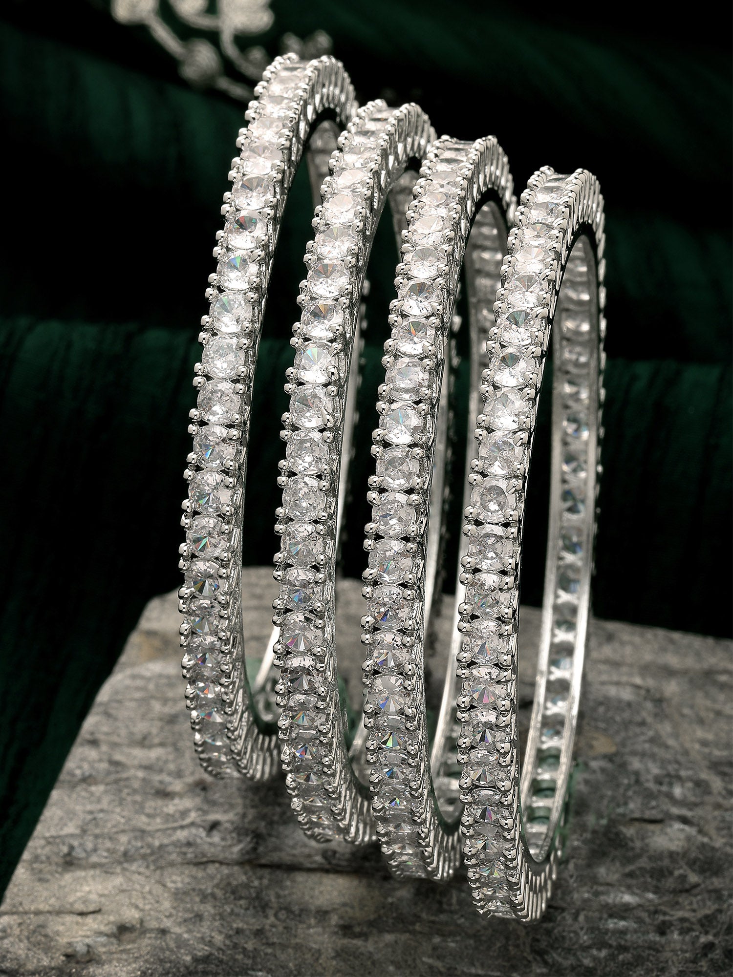 Karatcart Set of 4 Silver Plated Round American Diamond Studded Bangles for Women