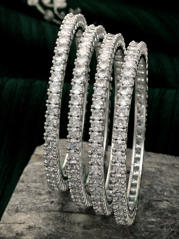 Karatcart Set of 4 Silver Plated Round American Diamond Studded Bangles for Women