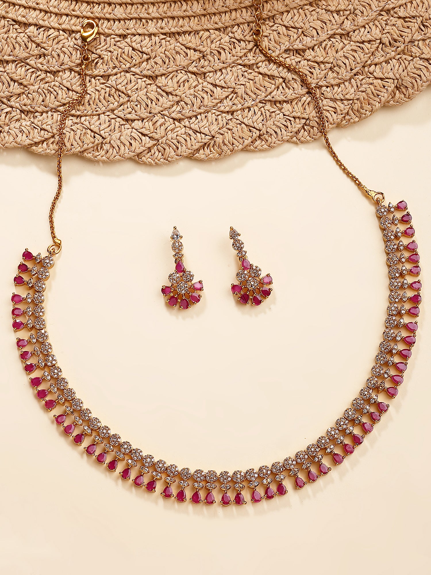 KARATCART Elegant Gold-Plated Pink Drop American Diamond Jewellery Set for Women - view 3