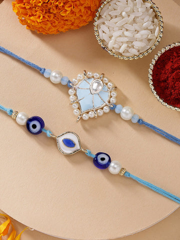 KARATCART Set of 2 Blue Evil Eye Heart Shape Handmade Kundan Rakhi for Brother with Roli & Chawal