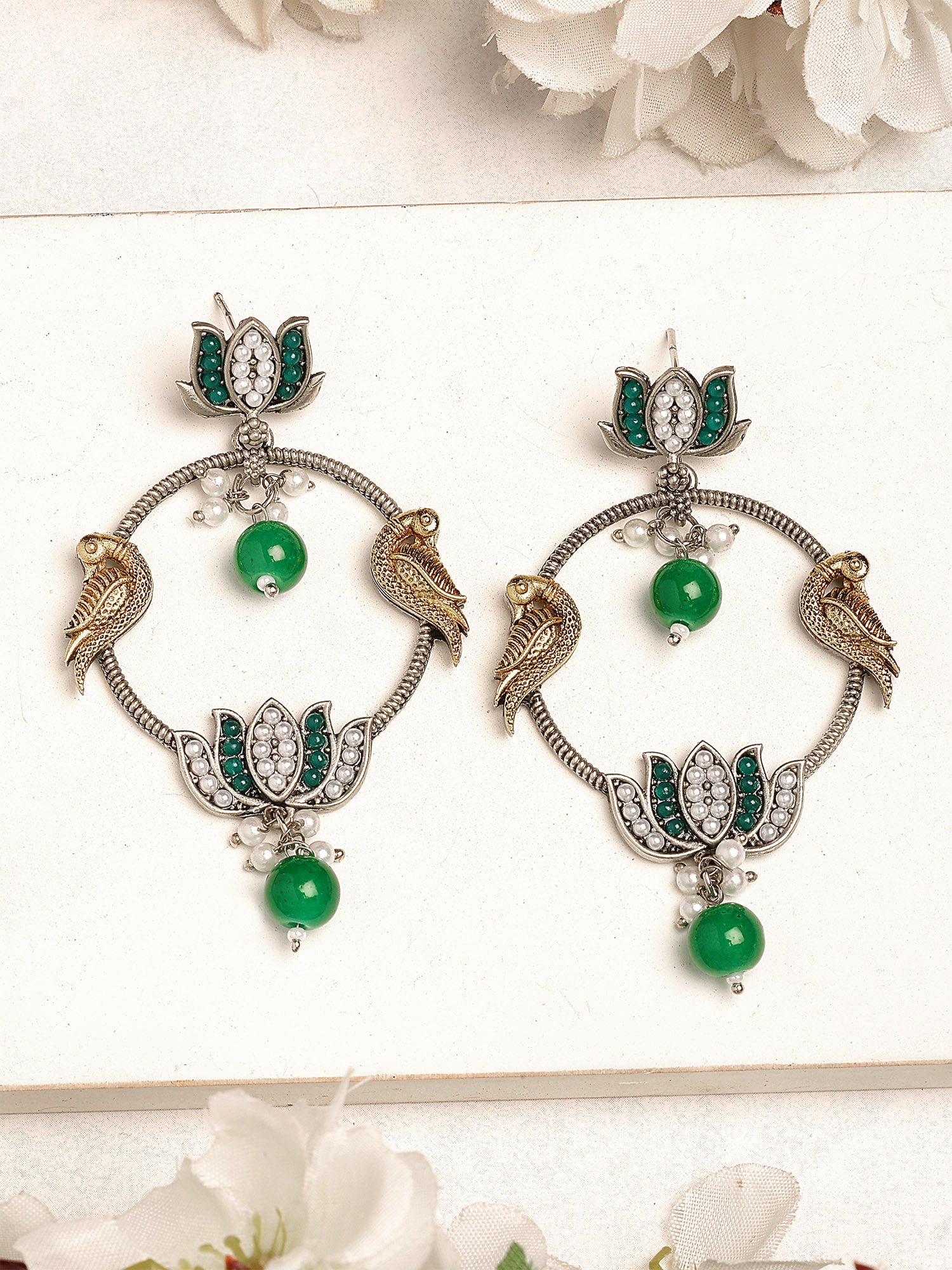 Karatcart Oxidised Silver Green Lotus Tribal Drop Earrings for Women