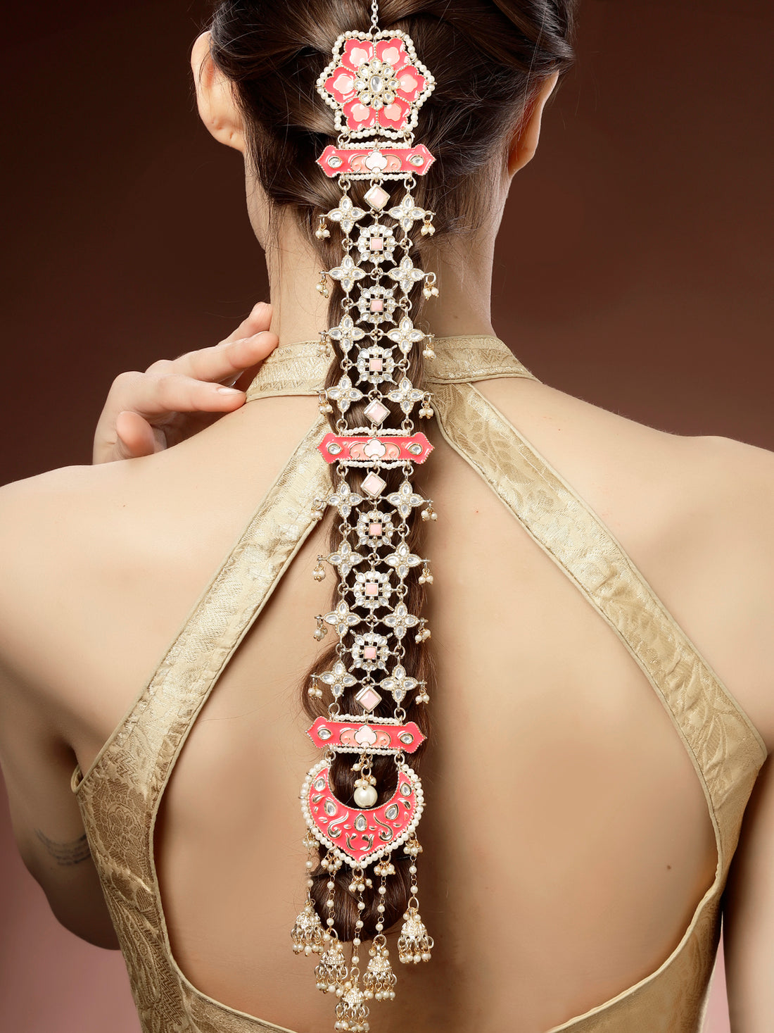 Karatcart Traditional Gold Plated Pink Enamel Kundan Bridal Hair Choti for Women