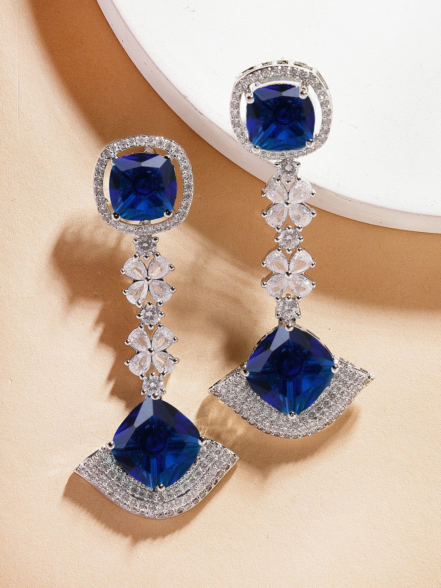 Karatcart Dazzling Blue American Diamond Stone Drop Earrings for Women