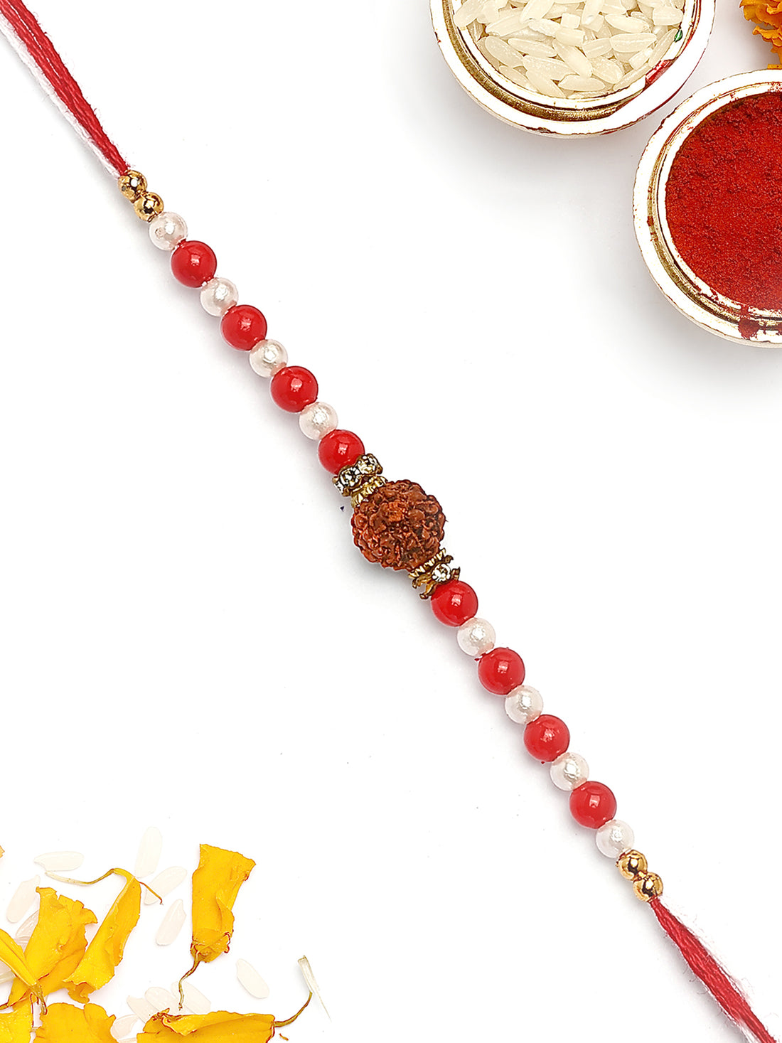 KARATCART Red and White Beads Rudraksha Bhaiya Rakhi with Roli & Chawal