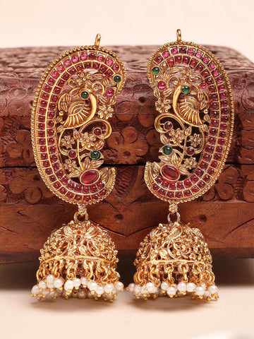 Karatcart Traditional Gold-Plated Red Stones Floral and Peacock Bird Carvings Jhumka Earrings