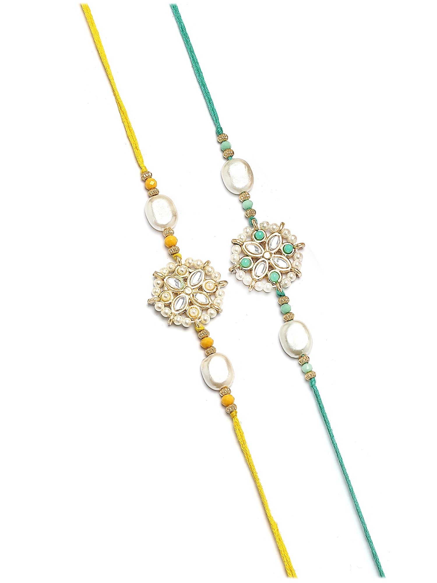 Karatcart Set of 4 Floral Design Kundan Rakhi for Brother with Roli & Chawal