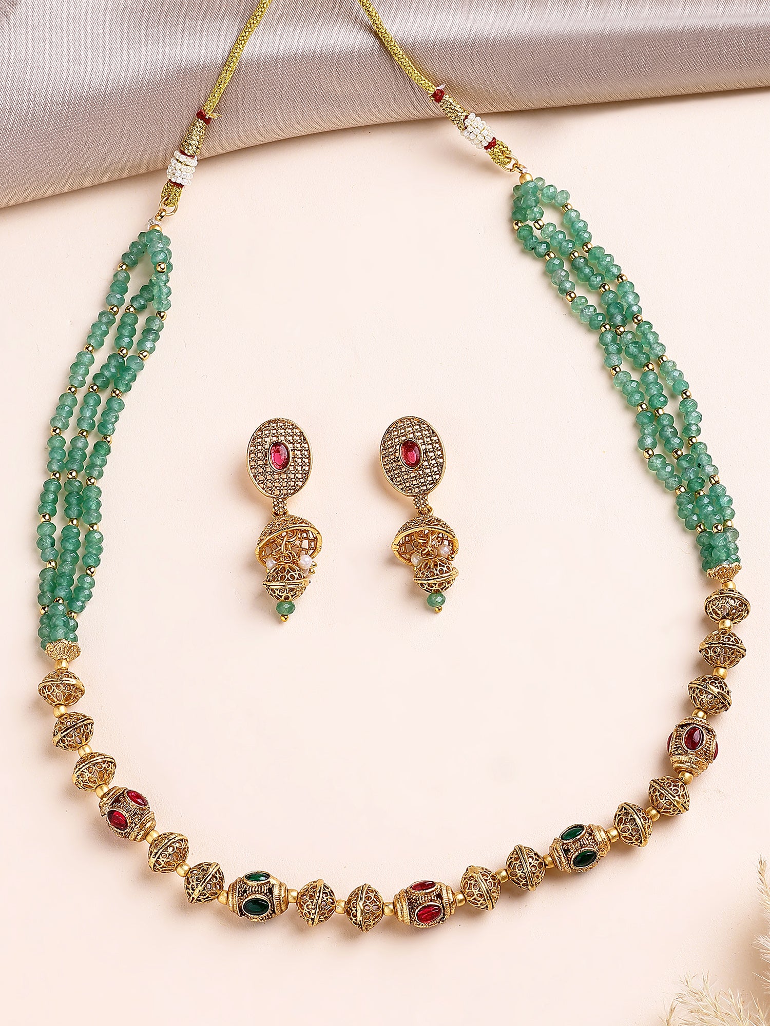 KARATCART Traditional Gold Plated Green Crystal Multilayer Rani Haar Temple Jewellery Set