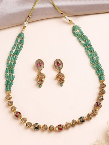 KARATCART Traditional Gold Plated Green Crystal Multilayer Rani Haar Temple Jewellery Set